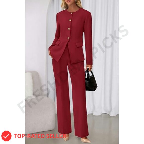 Long Sleeve Blazer Wide Leg Pant Suit Set Business Casual Elegant Minimal - Picture 5 of 8